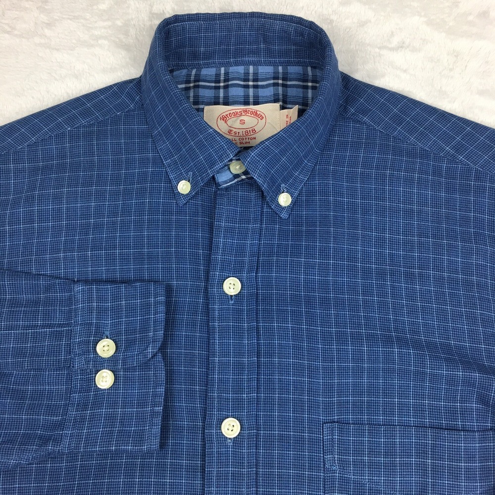 Brooks‎ Brothers Shirt Men's Small Blue Check Contrasting Trim Extra Slim
